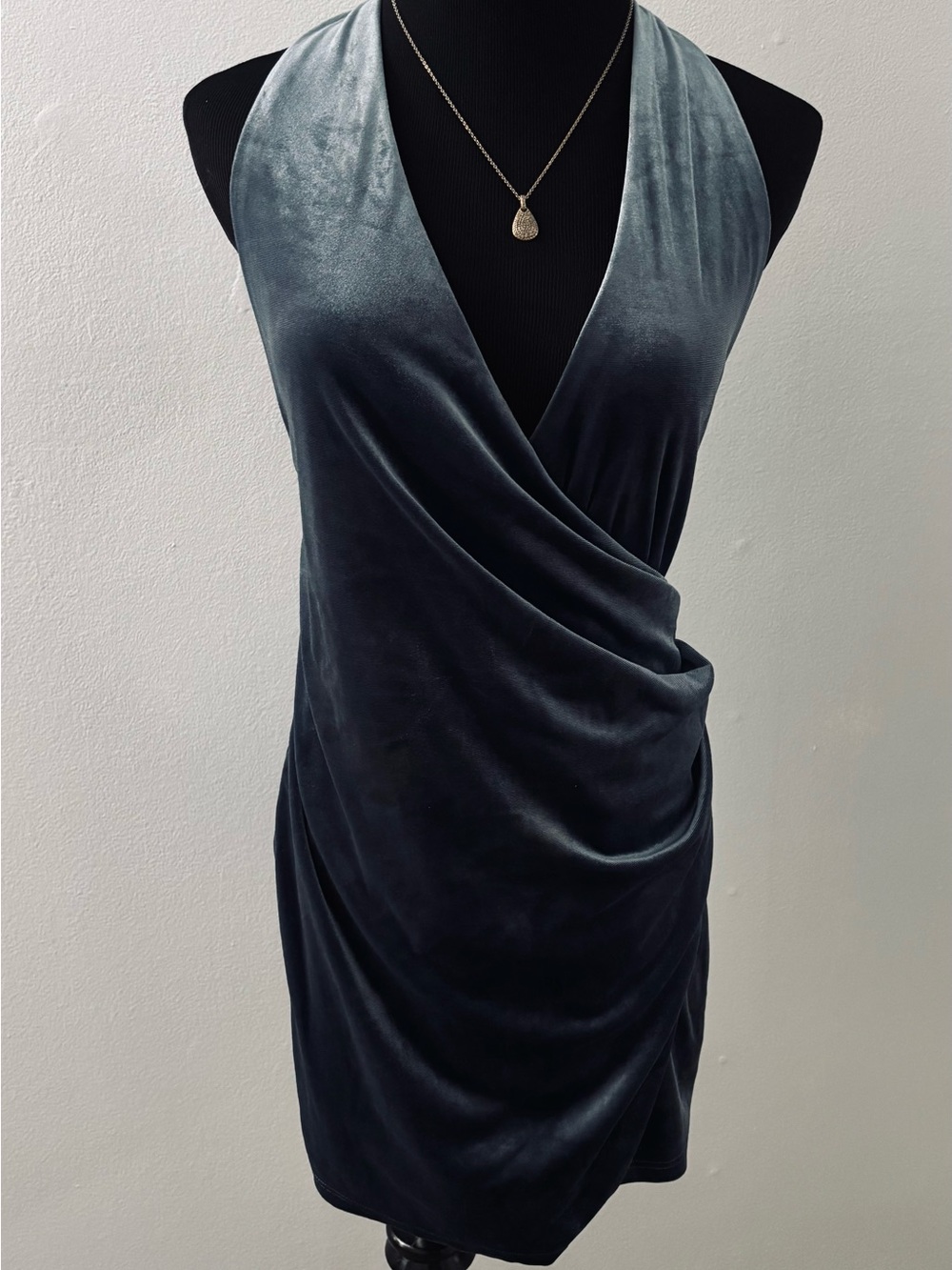 Velvet Surplice Halter Dress in Deep Teal